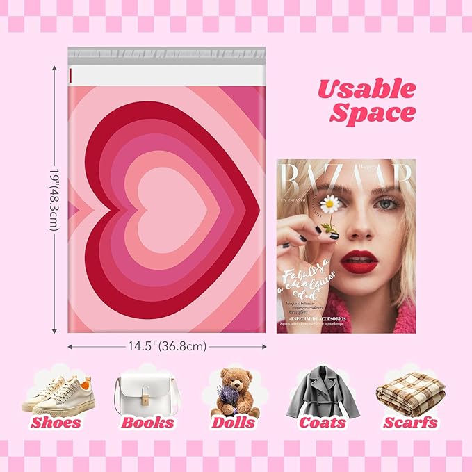Metronic Poly Mailers 14.5x19 Inch 500pc Shipping Bags for Clothes,Strong Adhensive Shipping Envelopes for Small Business,Waterproof Mailers Poly Bags for Shipping,Packaging Mailing Bags Pink Heart