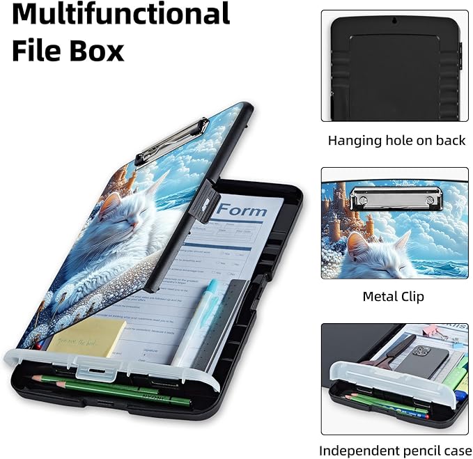 Clipboard with Storage Box & Pen Holder,Heavy Duty Clip Boards 8.5x11 for Nursing,High Capacity,School & Office Supplies,Winter Wonderland Cat