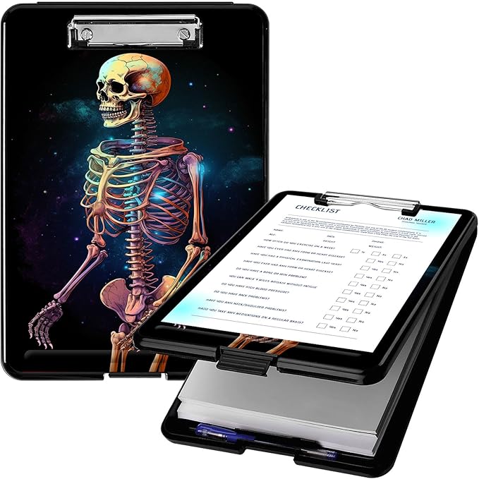 Clipboard with Storage, High Capacity Plastic Storage Clipboard with Pen Holder for Women Teachers Work, School & Office Supplies, Cute Pattern Decorative Clipboards, Colorful Skeleton