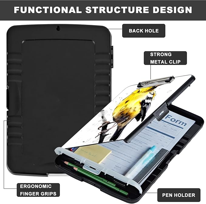 Heavy Duty Plastic Storage Clipboard with Low Profile Clip, Pen Holder, Teacher Must Haves, Office Supplies, Yellow Bird on Branch