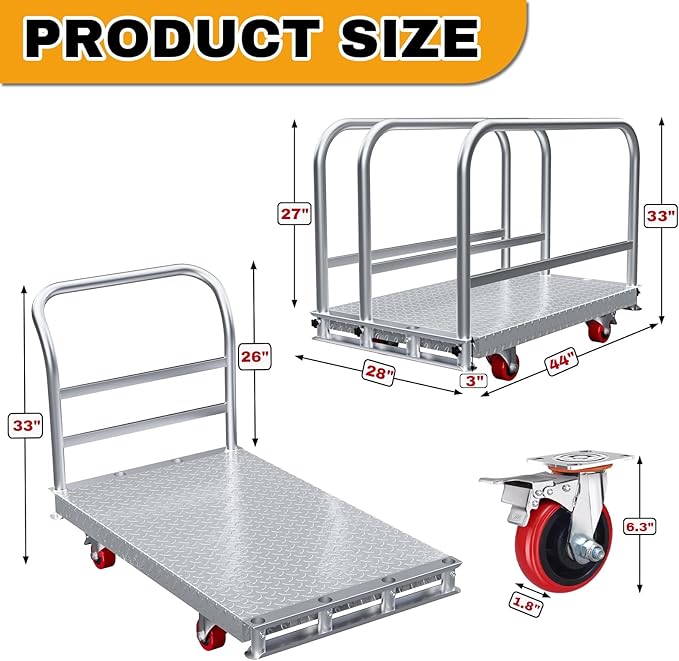 2IN1 Steel Panel Cart Dolly – Heavy Duty Drywall Lumber Truck Cart with 3000 LBS Capacity, 44 x 28 Inch 2.2MM Steel Plate, 6" Swivel Brake Wheels, 1 Front & 3 Side Handrails (XL)
