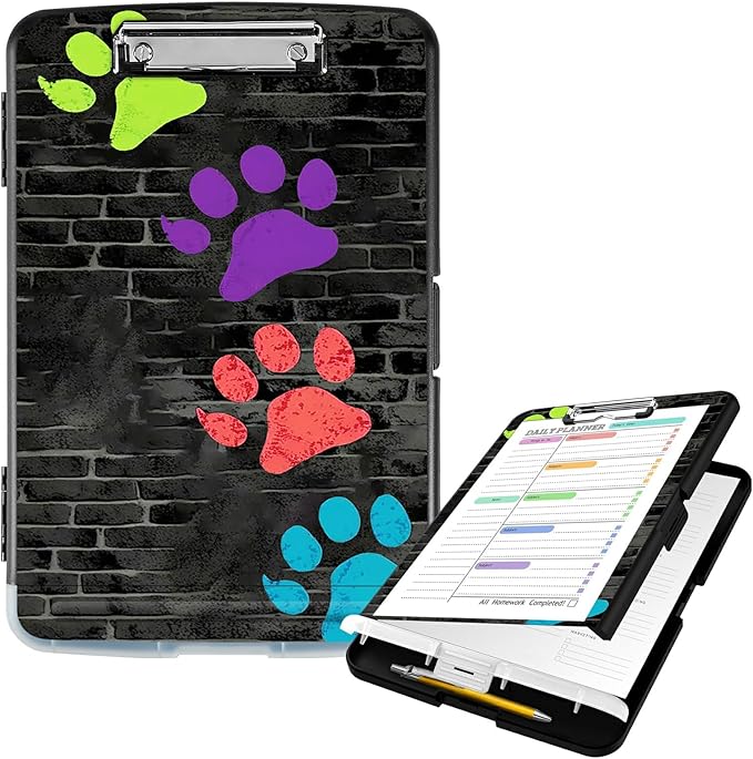 Clipboard with Storage High Capacity Plastic Nursing Clipboards with Pen Holder File Folder Storage Box Clipboard with Heavy Duty Clips for Teacher,Doctor,Offices-Paw Prints