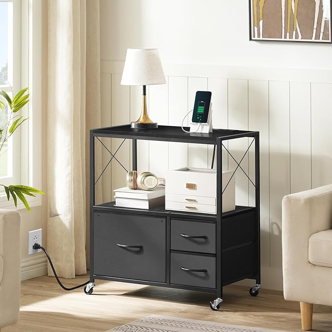File Cabinet with Charging Station, 3 Drawer Lateral Filing Cabinet for Home Office, Mobile Printer Stand with Open Shelf, Fits A4/Letter Size File, Nonwovens Drawer, Black FCHB98E01