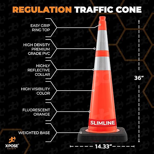 Xpose Safety 36 Inch Orange Slim Line Traffic Cones Heavy Duty 12lb with 6" & 4" Collars, 8 Pack Multipurpose PVC Plastic Safety Cone for Parking, Soccer, Caution, Kids & Construction - DOT Approved
