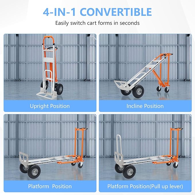 4 in 1 Convertible Hand Truck, Folding Hand Truck Dolly Cart with Solid Wheel, 1000LBS Heavy Duty Aluminum Hand Dolly for Logistics, Shopping, Home, Office Moving