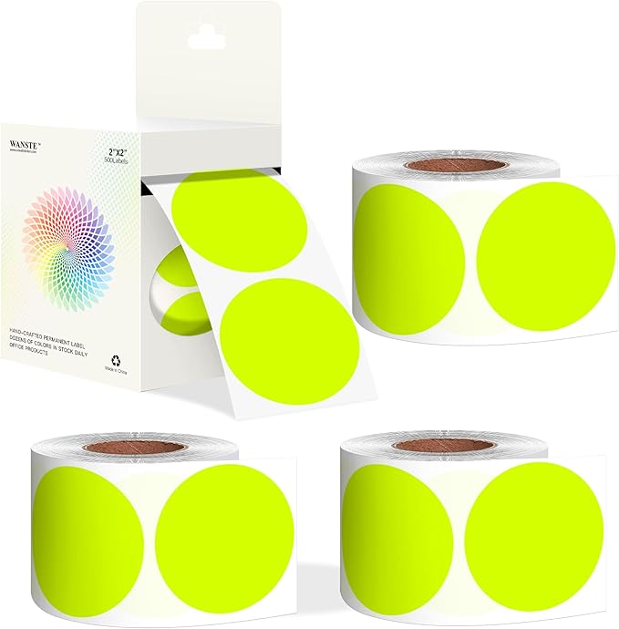 2 - Inch Round Fluorescent Yellow Color - Coding Stickers,4 Rolls, 2000 PCS Multipurpose Strong - Adhesive Labels for Office,Inventory,Organizing