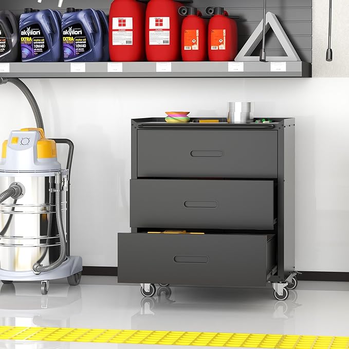 Metal Storage Cabinet with Wheels, Garage Storage Cabinet with 3 Drawers, Rolling Tool Cabinet, Assembly Required, Black