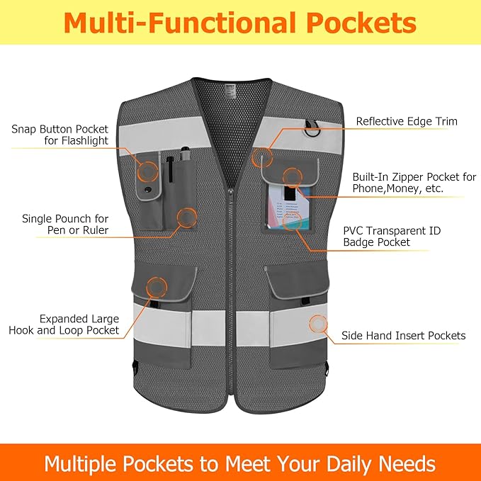 TCCFCCT Mesh Hi Vis Vest 9 Pockets High Visibility Reflective Safety Vest for Men Women, Safety Construction Vest with Reflective Strips, Meets ANSI/ISEA Standards, (Grey, Medium)