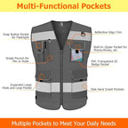 TCCFCCT Mesh Grey Safety Vest for Men Women 9 Pockets High Visibility Vest for Safety, Reflective Vest for Construction Work, Hi Vis Vest with Reflective Strips, Meet ANSI/ISEA Standards, Large