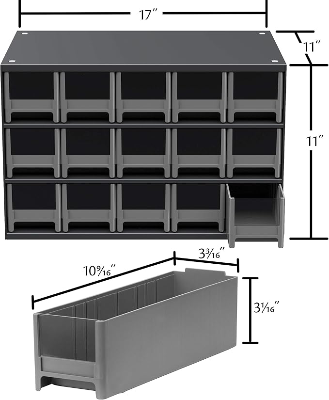 Akro-Mils Steel Garage Storage Cabinet, Small Parts Organizer Metal Cabinet for Hardware, Nails, Screws, Bolts, Nuts, and More, 17" W x 11" D x 11" H, 15-Drawer, Gray Cabinet/Gray Drawers (19715)