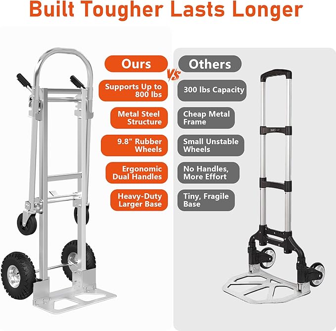 800 LBS Dolly Cart with Wheels, 2 in 1 Folding Hand Truck, Stainless Steel Heavy Duty Industrial Convertible Hand Cart, Utility Collapsible Hand Truck Dolly for Warehouse, Home, Office, Etc