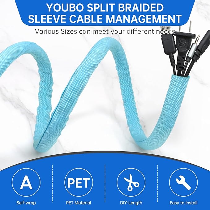 Split Braided Cable Sleeve，Flexible Wire Loom Tubing, Automotive Cord Protector Pet Proof, Cable Management for Computer TV Electric Wires Harness 16ft (Sky Blue, 5mm（3/16")