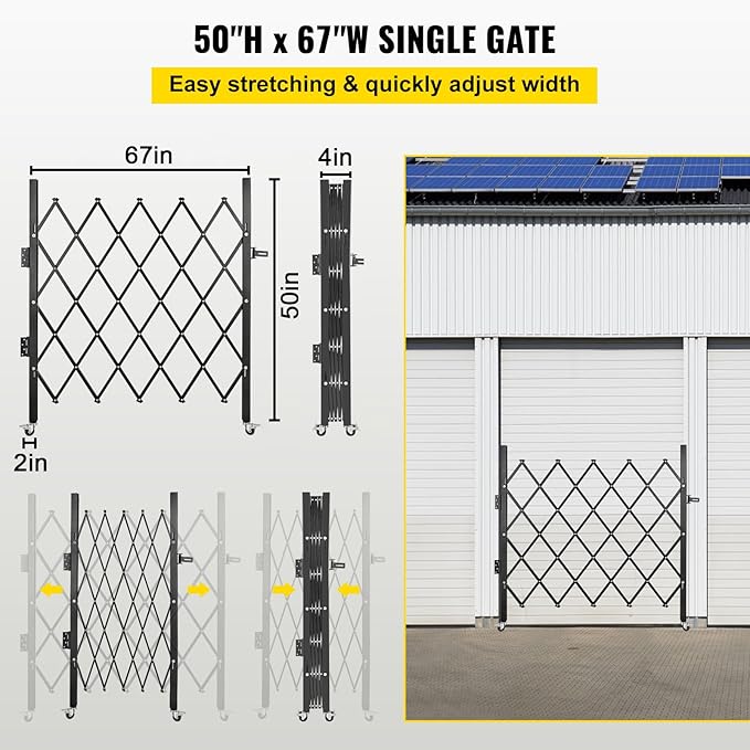 VEVOR Single Folding Security Gate, 51.57" H x 66" W Folding Door Gate, Steel Accordion Security Gate, Flexible Expanding Security Gate, 360° Rolling Barricade Gate, Scissor Gate or Door with Padlock