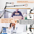 VEEMAGNI 12X 5 Inch Large Real Glass Magnifying Glass with Light and Stand, 5 Color Modes Stepless Dimmable, 2*16 Inch Swivel Arm LED Clamp Desk Lamp, Hands Free Lighted Magnifier for Crafting-Orange