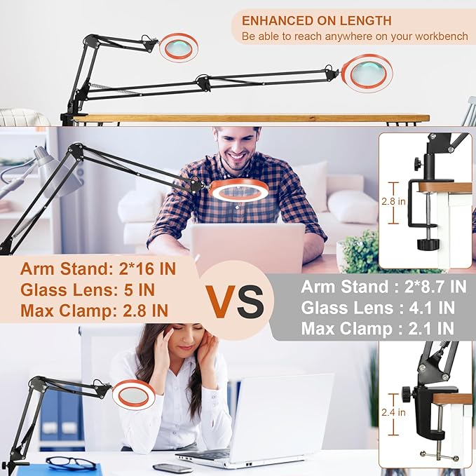 VEEMAGNI 12X 5 Inch Large Real Glass Magnifying Glass with Light and Stand, 5 Color Modes Stepless Dimmable, 2*16 Inch Swivel Arm LED Clamp Desk Lamp, Hands Free Lighted Magnifier for Crafting-Orange