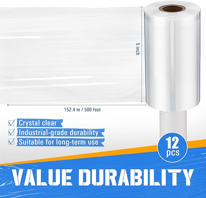 Frienda 12 Pcs 5 Inch Plastic Stretch Wrap Film Roll 500ft Clear Mini Moving Plastic Wrap Roll with Handle 80 Gauge Shrink Wraps Industrial Strength Shrink Film for Moving, Packing, Self Adhering