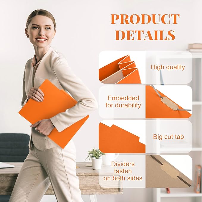 Skyygemm 12 Pack Classification Folders Letter Size Bulk with Divider and 2" Expansion, Pressboard Folder with 2 Prong Fasteners for Teachers, Clergy, Office, Church, Christmas Donations(Orange)
