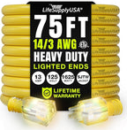 75ft Outdoor/Indoor Extension Cord 14/3 Gauge Heavy Duty 3 Prong SJTW, Waterproof, ETL Listed, Flexible Cold-Resistant Long Power Cord,13A 125V 1625W, Yellow by LifeSupplyUSA