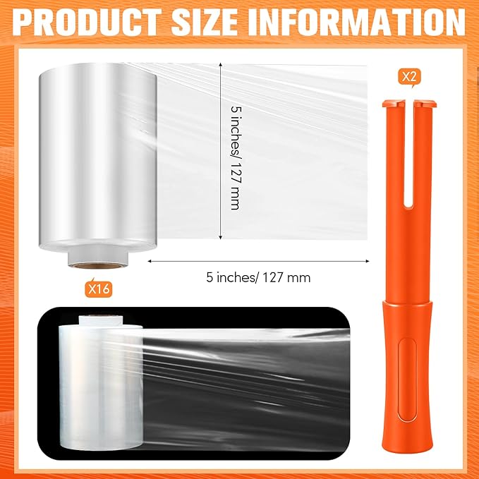 Jutom 16 Pcs Stretch Wrap Roll Plastic Wrap for Moving with 2 Handles 5" x 1000 ft Packaging Shrink Film Self Adhering Shipping Supplies for Moving Furniture Pallet(Clear, Orange)