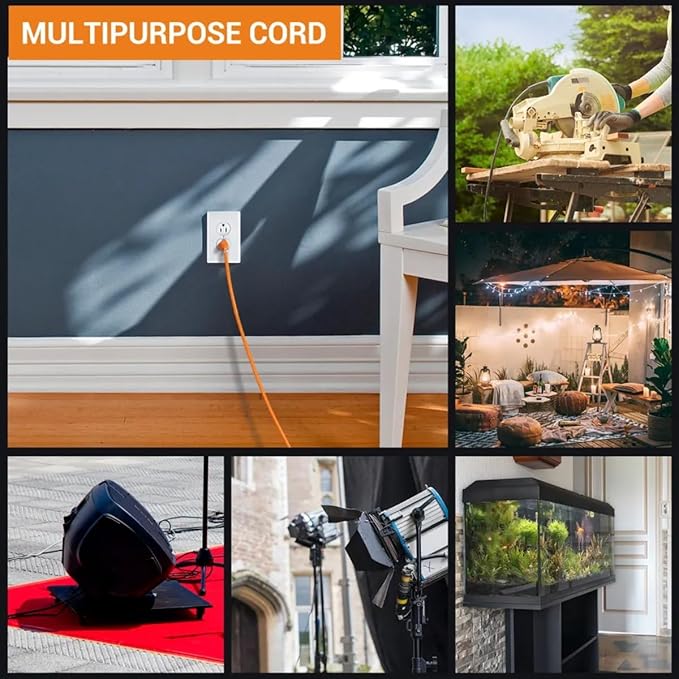 Outdoor Extension Cord Waterproof 50 FT, Orange 14/3 SJTW Heavy Duty, Flexible 100% Copper 3 Prong Extension Cord for Lawn, Garage,UL Listed