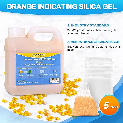 Desiccant Beads – 2.4 LBS Silica Beads with Orange Indicating Silica Gel, Premium Silica Gel Beads 3-5mm Industry Standard, Rechargeable Desiccant Used for 3D Filament