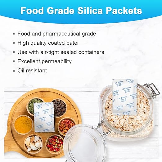 Moisture Absorbers – 20 Gram 70 Packs Silica Gel Packets for Storage, Food Grade Desiccant Packs, Premium Silica Packets for Foods, Electronics, Jewelry, Tools, Safe and 3D Filament