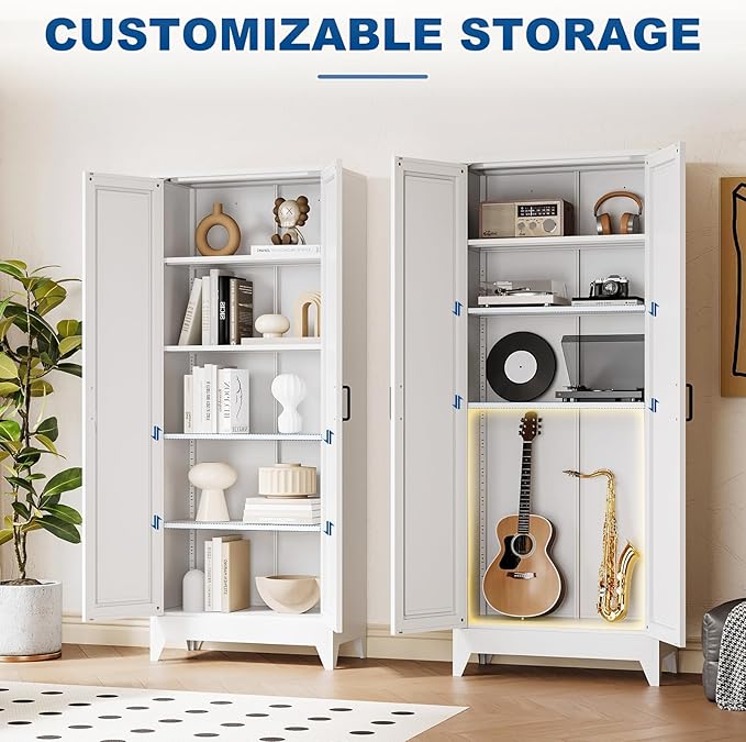 White Tall Farmhouse Metal Pantry Linen Storage Cabinet and Organizers - Cupboard 75" H x31.5 W x15.7 D Rustic Hutch Cabinet Bookcase with Doors and Adjustable Shelves for Home Office
