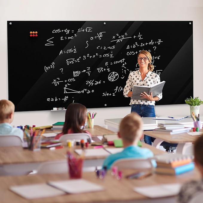 MaxGear Glass Whiteboard 96x48 Inches Wall Mounted, Magnetic Black Dry Erase Board with 1 Eraser, 1 Accessory Tray, 4 Markers and 6 Magnets, Extra Large Frameless White Board for Office, School, Home