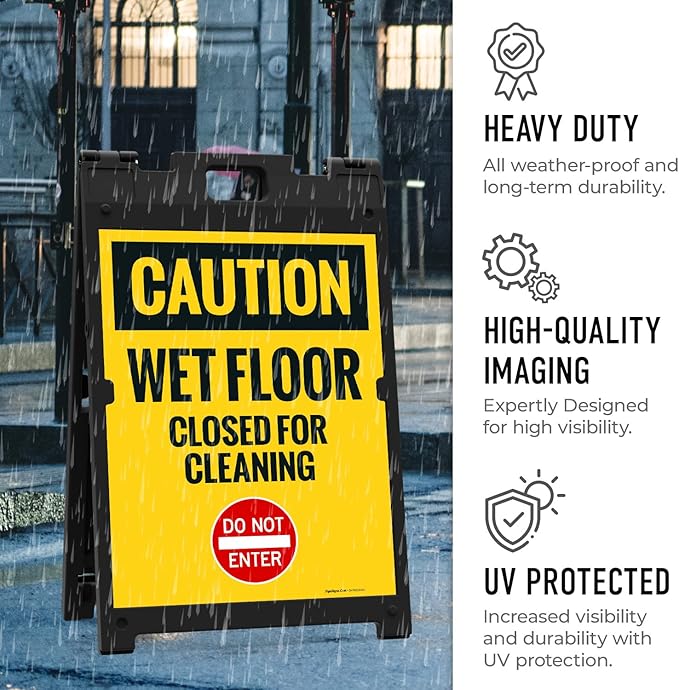 Caution Wet Floor Closed For Cleaning Do Not Enter Sidewalk Sign Kit, 18x24 Inches, With A Frame Stand, Made in USA