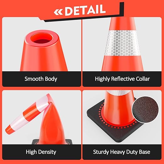 RoadHero 4 Pack Traffic Safety Cones 36 Inch with Black Weighted Base, Plastic PVC Cone, Orange Cones with Reflective Collar, Cones for Parking Lot, Construction Events, Road Safety