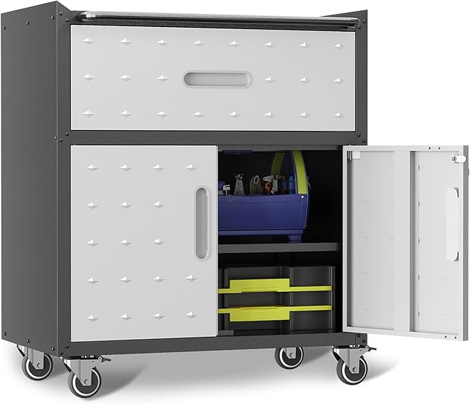 Metal Garage Storage Cabinet on Wheels, Lockable Rolling Tool Cabinet with Drawer and Shelves, Heavy Duty Mobile Steel Cabinet for Garage Warehouse Workshop