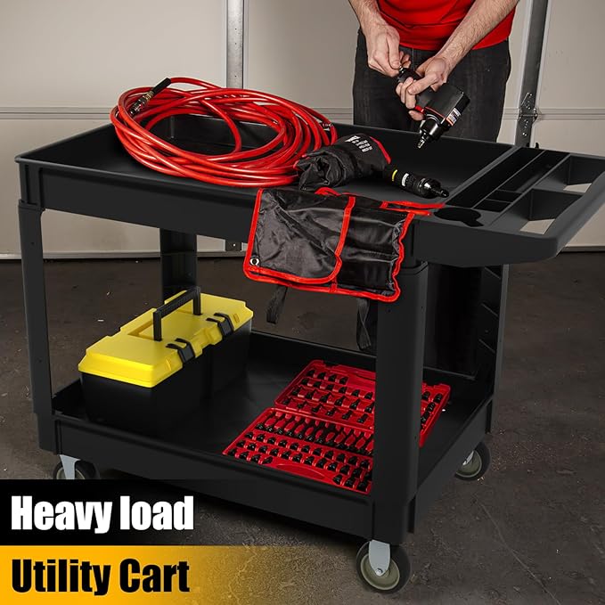 Utility Plastic Tool Cart, 46 x 26-Inch Rolling Service Carts Huge Storage W/Deep 2-Shelf Heavy Duty Cart with Wheels, 1000 lbs Capacity Organizer for Garage, Warehouse, Workshop, Black