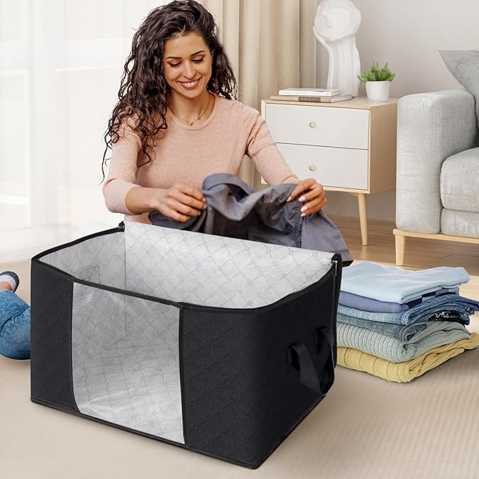 Fab totes 10 Pack Clothes Storage, Foldable Thick Fabric Blanket Storage Bags, Containers for Organizing Bedroom, Closet, Clothing, Comforter,Closet Organization with Handle,Black