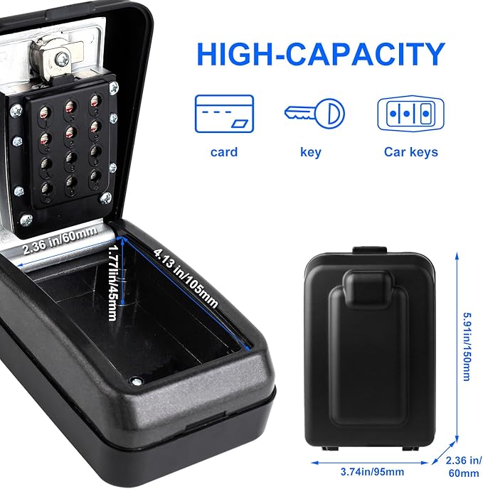 Key Lock Box, 12-Digit Code, Weatherproof Wall Mount, Large Capacity 5-8 Keys, Aluminum Alloy (Silver, 3.58 * 2.24 * 5.28IN)