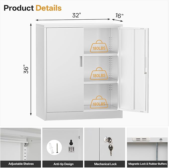 Metal Garage Storage Cabinets，36" Steel File Cabinet with 2 Adjustable Shelves, Lockable Storage Cabinets for Office, Home, Garage, Warehouse 36" H x 32" W x 16" D (White)