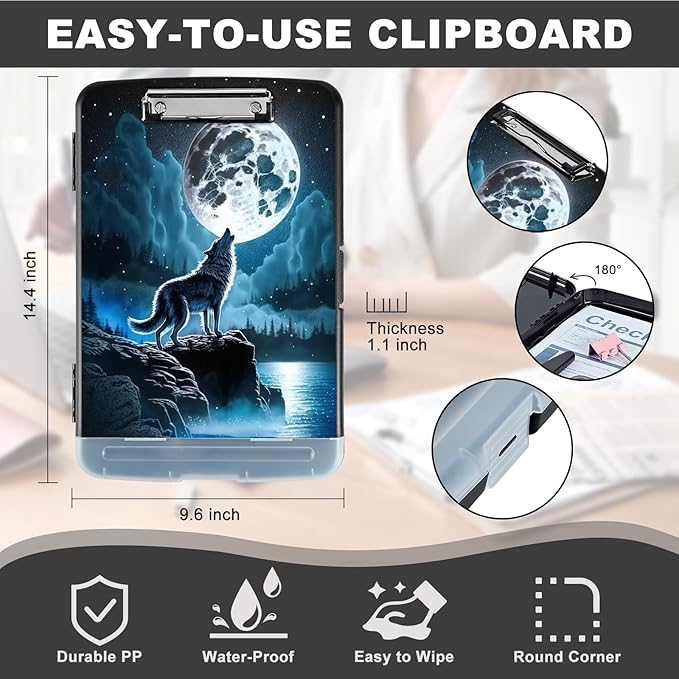 Clipboard with Storage,Heavy Duty Plastic Storage Clipboard with Low Profile Clip,Teacher Must Haves,Office Supplies,Nebula/Galaxy Wolf Moon