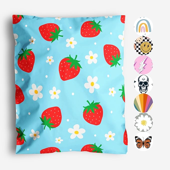 10x13 Poly Mailers – Summer Strawberries – Waterproof, Tear-Resistant Shipping Bags with Adhesive Seal – 100 Pack – Package Mint