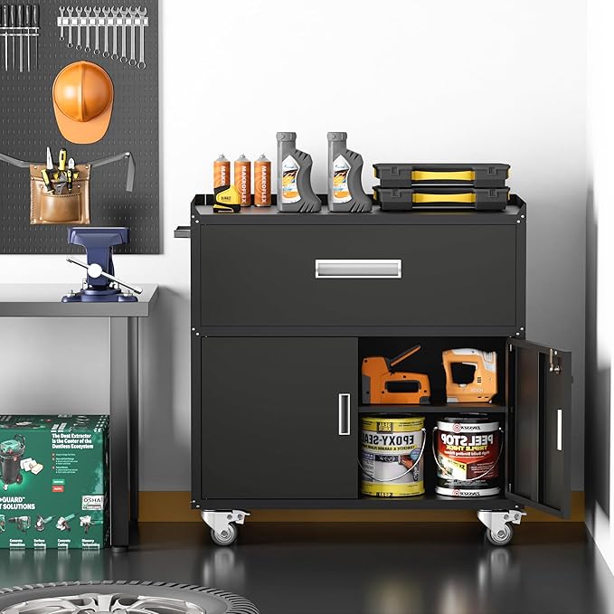 Metal Garage Storage Cabinet with Wheels, Lockable Rolling Tool Chest with Wheels, Tool Cabinet on Wheels, Metal Rolling Utility Cabinet for Home, Office, Garage and Workshop, Black