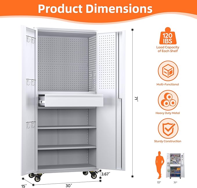 Metal Storage Cabinet with Drawers, Locking Garage Tool Cabinets on Wheels with Pegboards and Hooks for Warehouse Homes, Offices, Assembly Required(Grey&White)