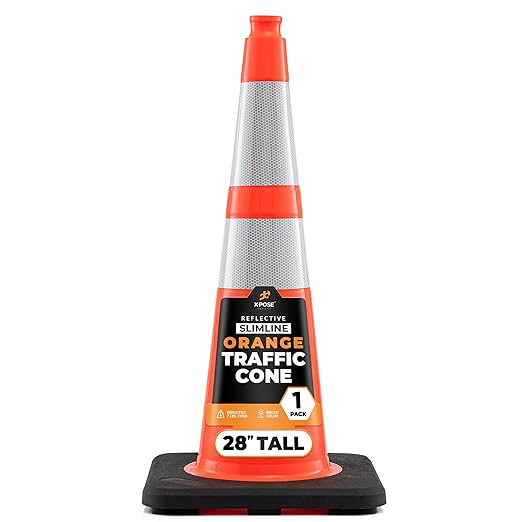 Xpose Safety 28 Inch Orange Slim Line Traffic Cones with 6" & 4" Collars, 1 Pack Multipurpose PVC Plastic Safety Cone for Parking, Soccer, Caution, Kids and Construction - DOT Approved