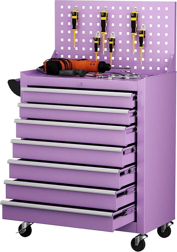 INTERGREAT 7 Drawers Rolling Tool Box with Pegboard,Portable Tool Chest with Wheels, Tool Box Organizer with Locking System for Garage, Purple