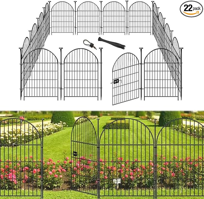Garden Fence Animal Barrier with Gate, 22 Panels Garden Fencing 36 inch High, Dog Fence Outdoor for Yard, Black Heavy Duty Metal Temporary Fencing, Total 49.5 Ft(L), Arched