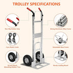 Aluminum Hand Truck 600 LBS Capacity, Handle Heavy Duty Industrial Dolly with 10" Pneumatic Tire and 2 Elastic Cords, Platform Cart for Transport and Moving in Home, Office, Warehouse, Supermarket