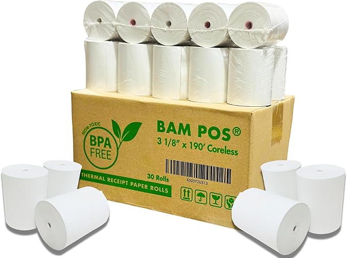 BAM POS 3 1/8" x 190' Thermal Receipt Paper Rolls For Most POS Systems and Receipt Printers, Compatible With Clover Station, Square Station, Toast Station, TM-T88, TSP Series (30 Rolls)