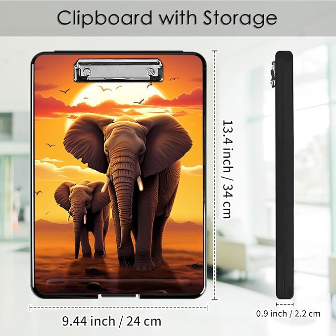 Clipboard with Storage,Office Supplies Nursing Clipboards Folder with Pen Holder Plastic Foldable Clip Board with Storage for Nurse Teacher,Sunset Elephant