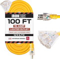 Iron Forge Cable 100ft Outdoor Extension Cord, Lighted with 3 Electrical Power Outlets - 12/3 Gauge SJTW Heavy Duty Extension Cable, Yellow, 15 AMP - 3 Pronged with Grounded Plug for Improved Safety