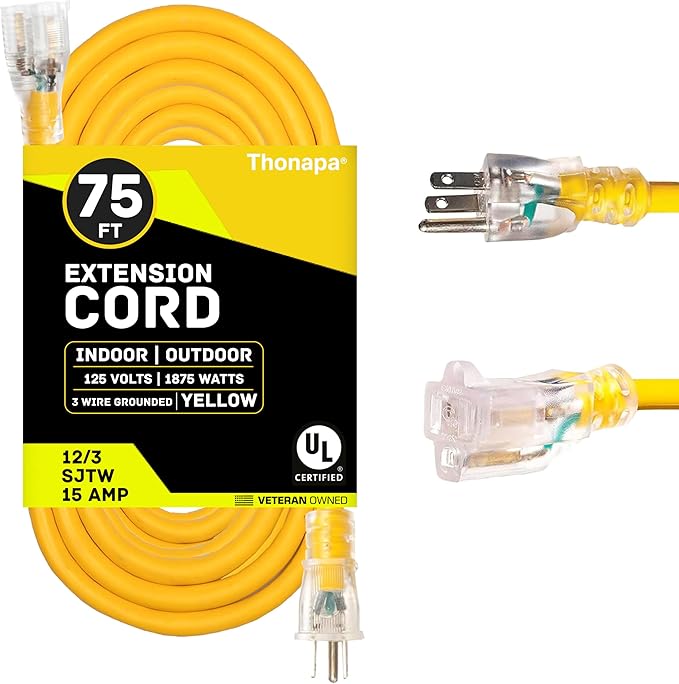 Lighted Outdoor Extension Cord 75 ft - 12 Gauge 15 Amp Heavy Duty Power Extension Cords - SJTW - Great for Major Appliances, Power Tools, Garden Supplies - Yellow