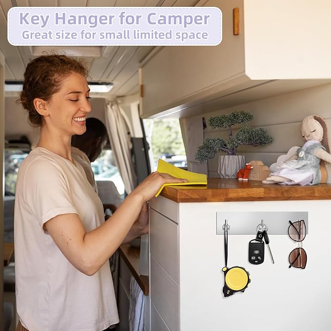 VIS'V Key Holder Wall Mount, Small Metal Self Adhesive Key Hanger with 3 Hooks, No Drilling, Extra Adhesive Strip, Silver