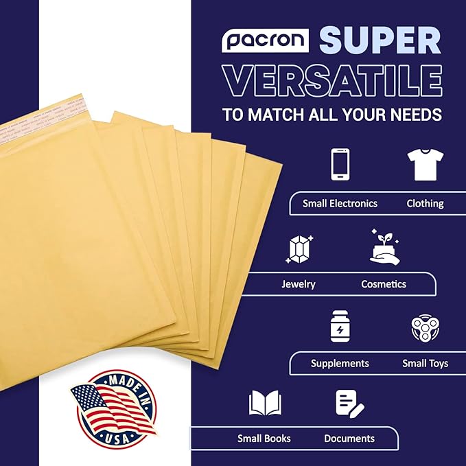Kraft Bubble Mailers 100 Pack, 7.25 x 12 Inch Padded Shipping Envelopes, Yellow Mailing Envelopes for Documents & Packages, Durable & Lightweight, Made in USA