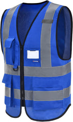 A-SAFETY Blue Safety Vest Reflective Work Vest,Hi Vis Bright Neon Color with 4 Reflective Strips 7 Pockets,XXL